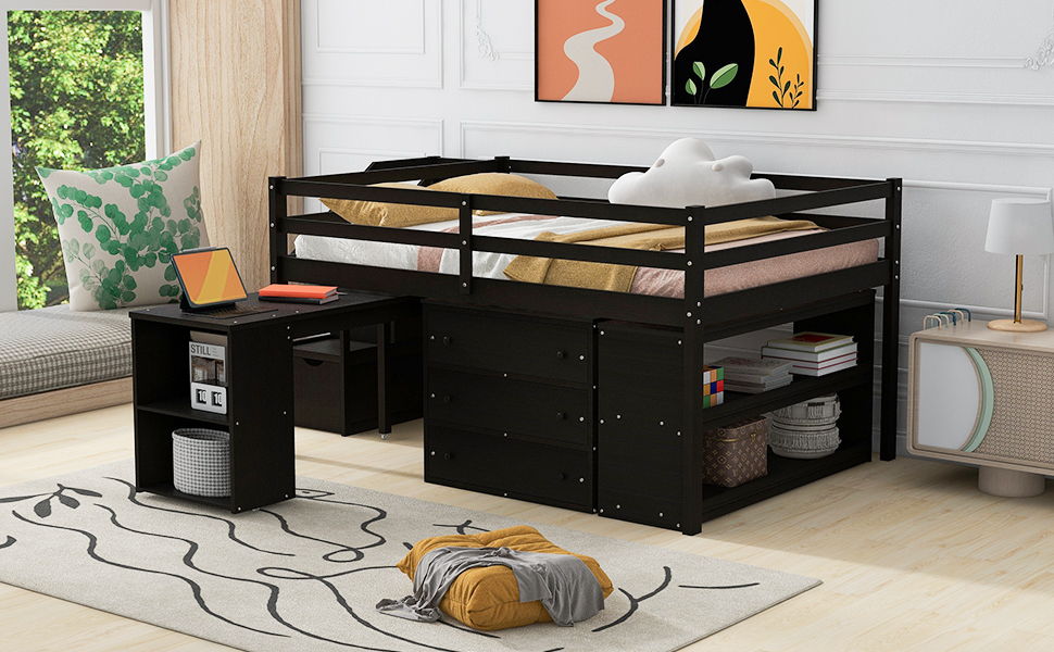 Full Size Loft Bed With Retractable Writing Desk And 3 Drawers With Storage Stairs And Shelves - Espresso