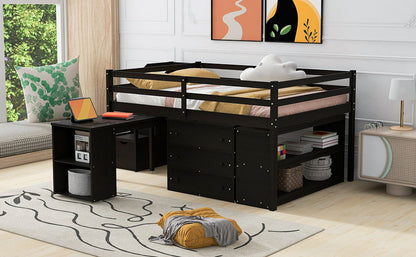 Full Size Loft Bed With Retractable Writing Desk And 3 Drawers With Storage Stairs And Shelves - Espresso