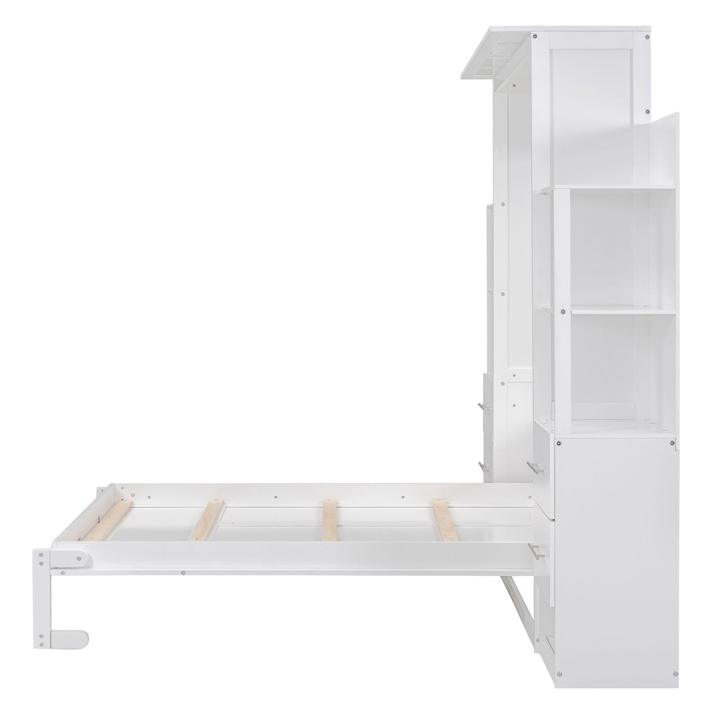 Full Size Murphy Wall Bed With Shelves, Drawers And LED Lights - White