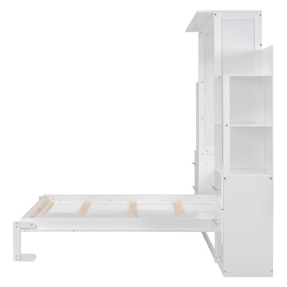 Full Size Murphy Wall Bed With Shelves, Drawers And LED Lights - White