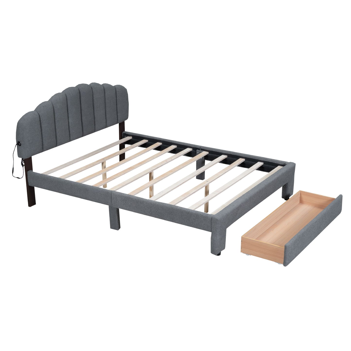 Queen Size Upholstered Platform Bed With Drawer - Gray
