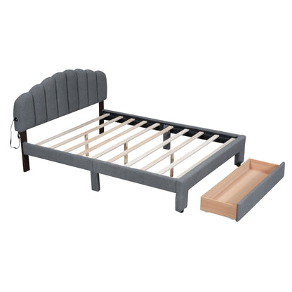Queen Size Upholstered Platform Bed With Drawer - Gray