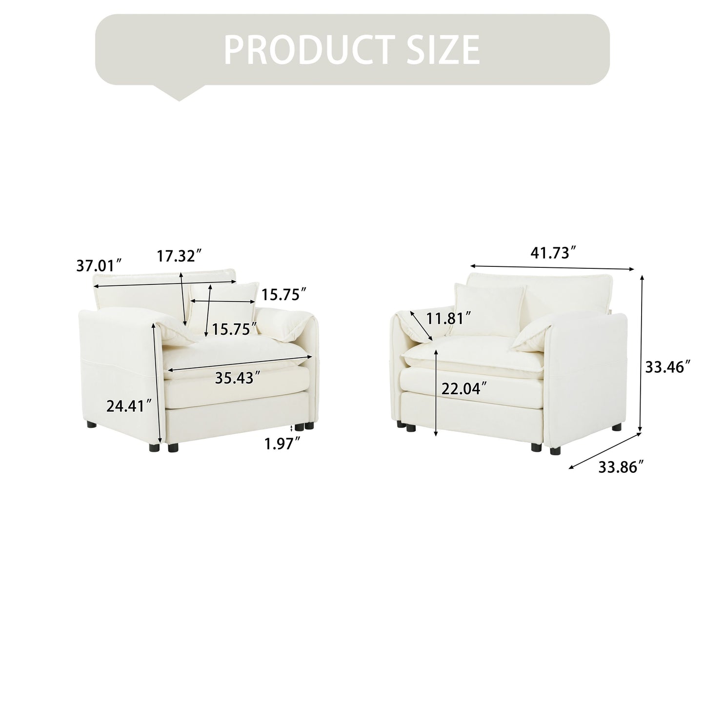 Modern Chenille Oversized Accent Chair (Set of 2), Comfy Single Sofa Chair With Large Seat - Beige