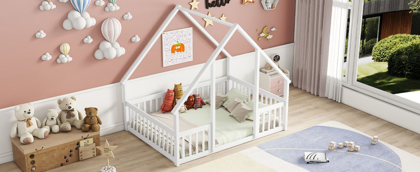 Full Wood House-Shaped Floor Bed With Fence, Guardrails - White