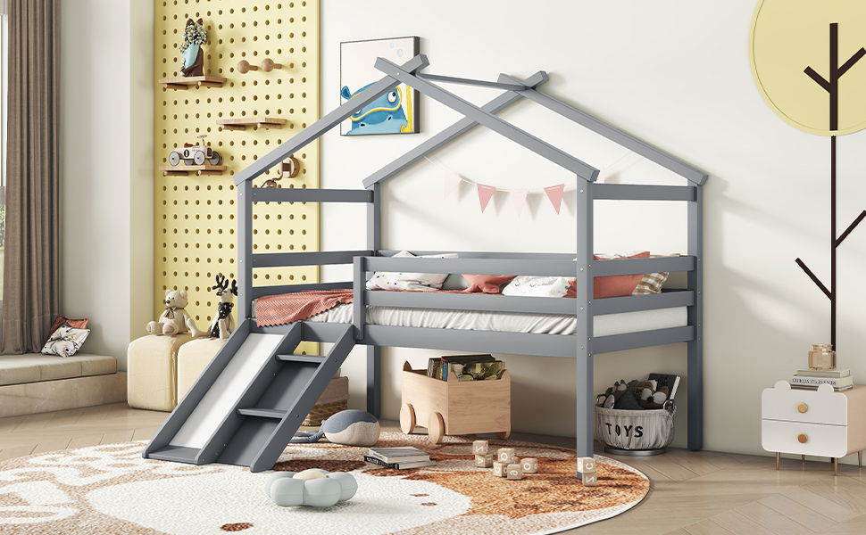Twin Low Loft House Bed With Slide, Ladder, Safety Guardrails, House Roof Frame - Gray