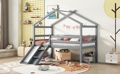 Twin Low Loft House Bed With Slide, Ladder, Safety Guardrails, House Roof Frame - Gray