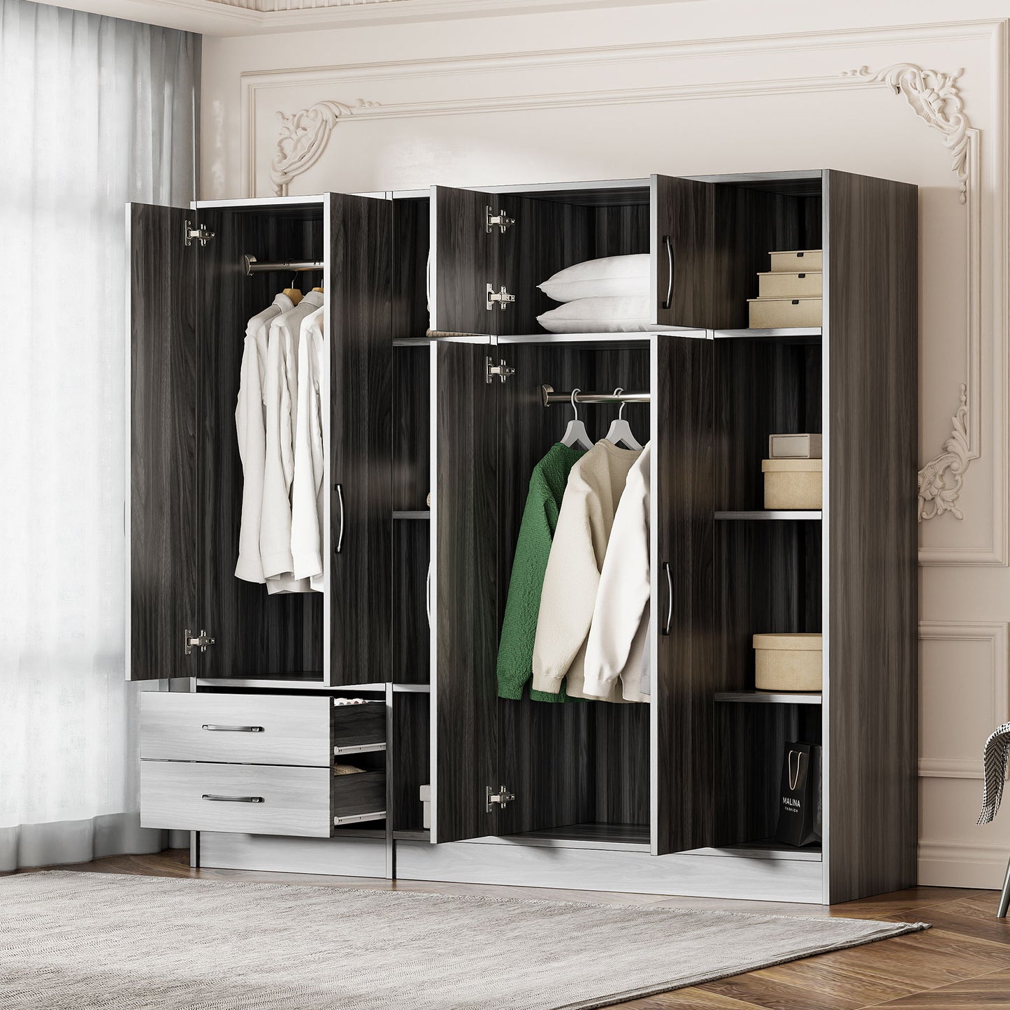 6 Door Wardrobe With Shelves And Drawers - Gray