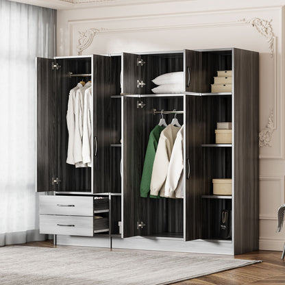 6 Door Wardrobe With Shelves And Drawers - Gray