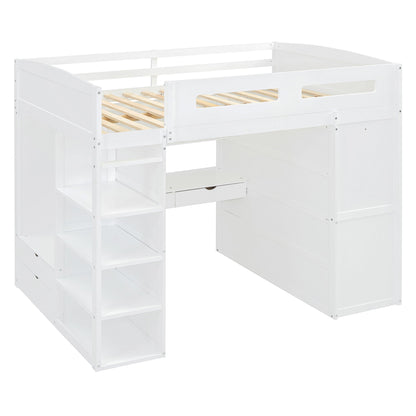 Full Size Loft Bed With Desk, Wardrobes, 4 Drawers And 4 Shelves - White