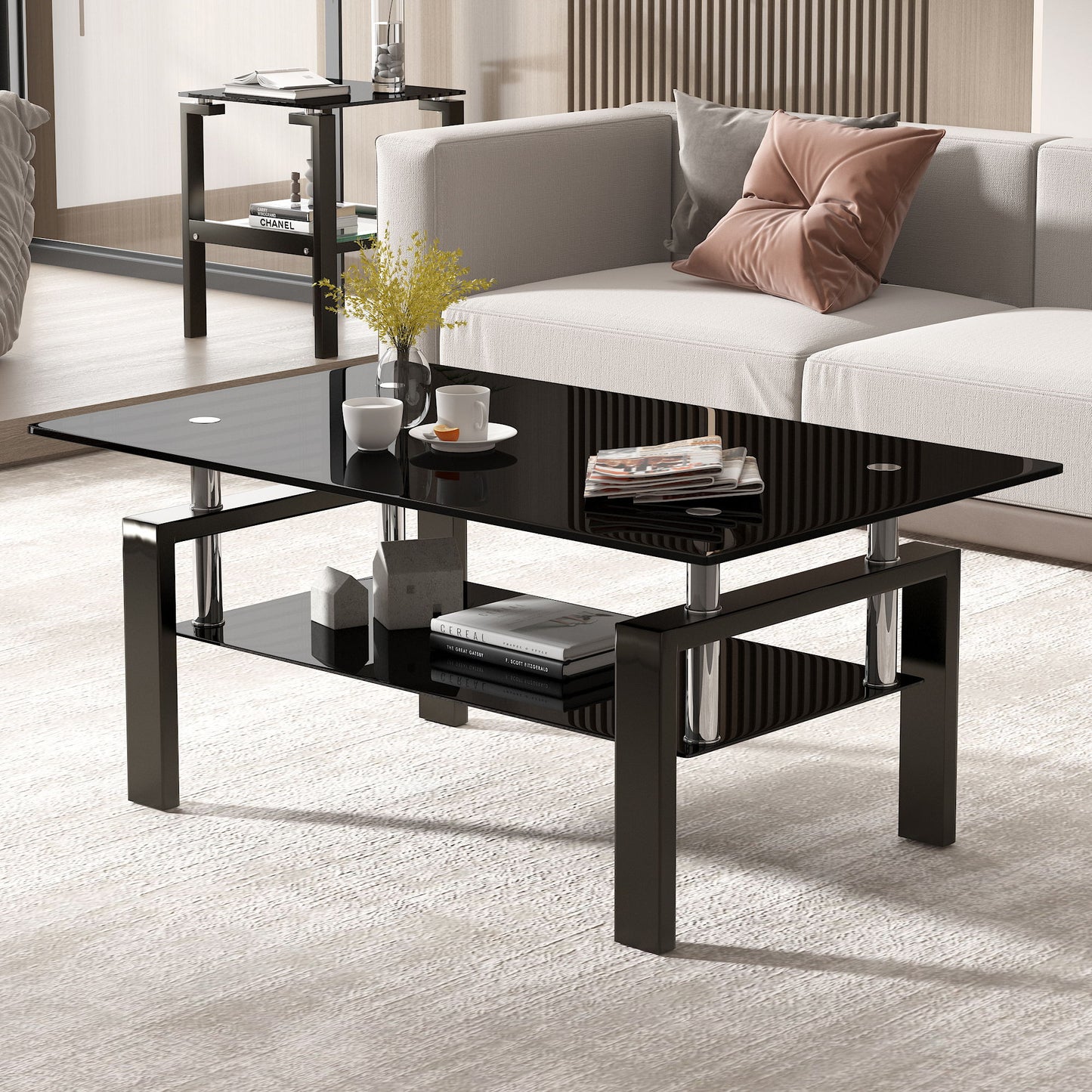 Tempered Black Glass Coffee Table, 2-Layers Tea Table - Black