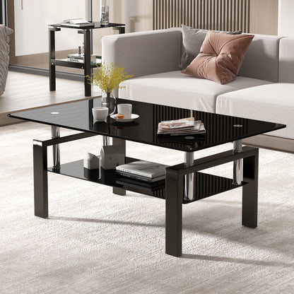 Tempered Black Glass Coffee Table, 2-Layers Tea Table - Black