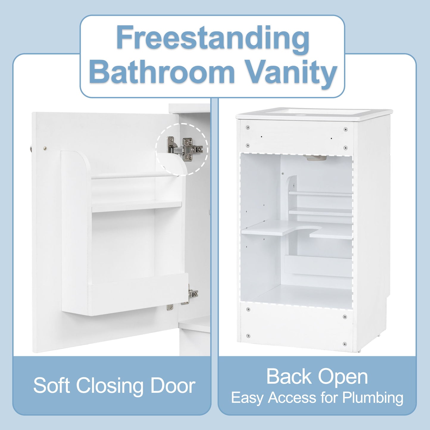 18" Bathroom Vanity With Sink, & Ceramic, Adjustable Shelf - White