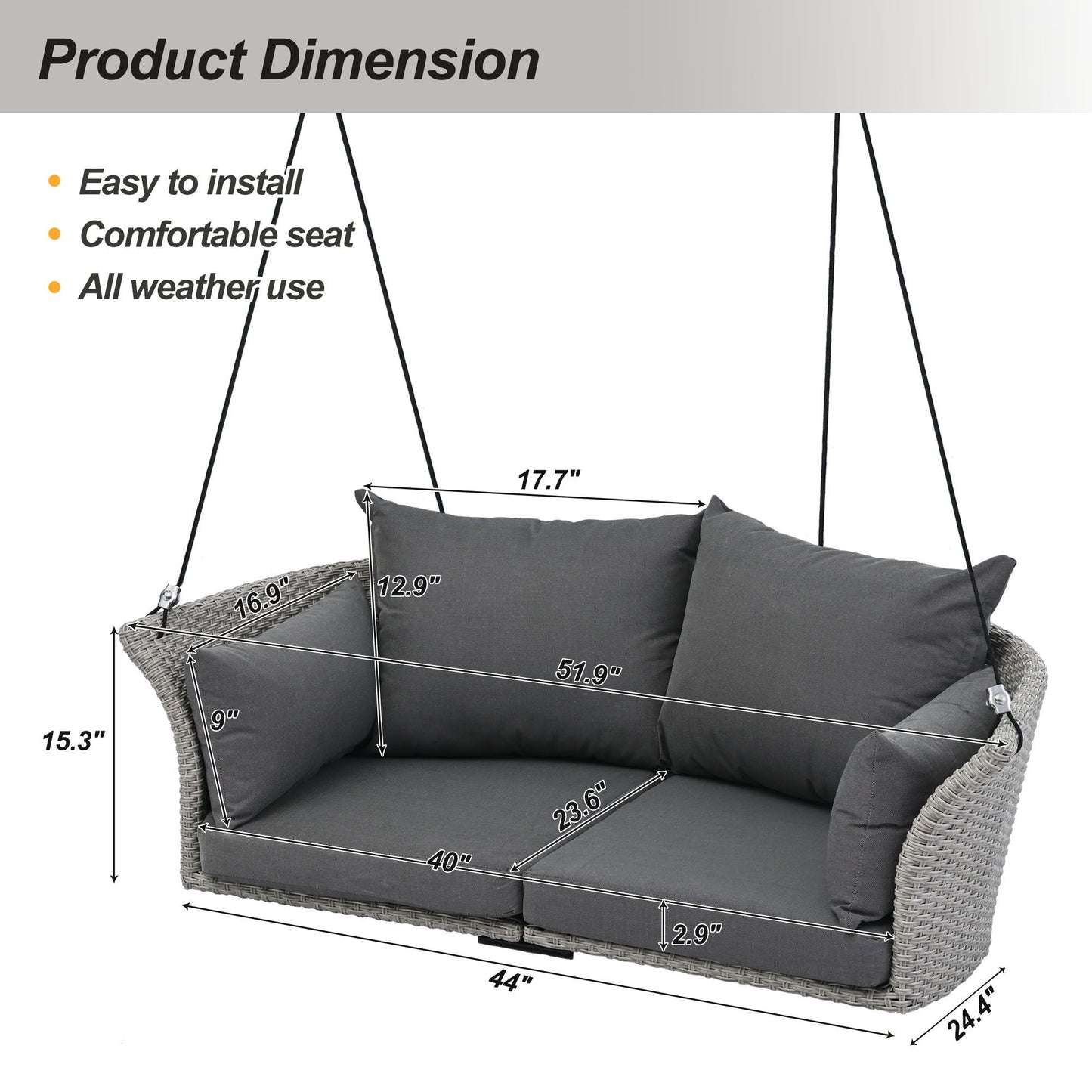 2 Person Hanging Seat, Rattan Woven Swing Chair, Porch Swing With Ropes - Gray / Cushion
