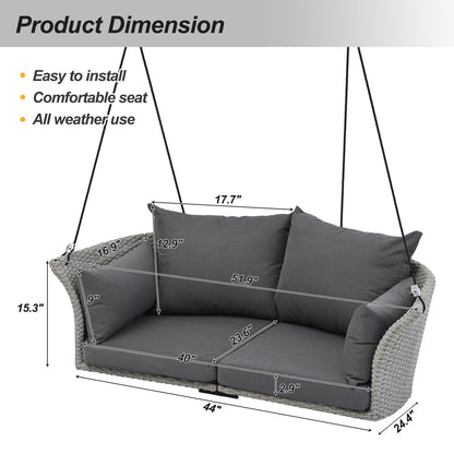 2 Person Hanging Seat, Rattan Woven Swing Chair, Porch Swing With Ropes - Gray / Cushion