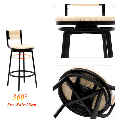 Bar Stools Swivel Counter Chairs With Metal Frame (Set of 2) Hand Woven Paper Rope Dining Barstools For Kitchen Counter - Creamy White