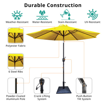 8.8' Outdoor Aluminum Patio Umbrella, Patio Umbrella, Market Umbrella With 42 Pound Square Resin Umbrella Base, Push Button Tilt And Crank Lift - Yellow
