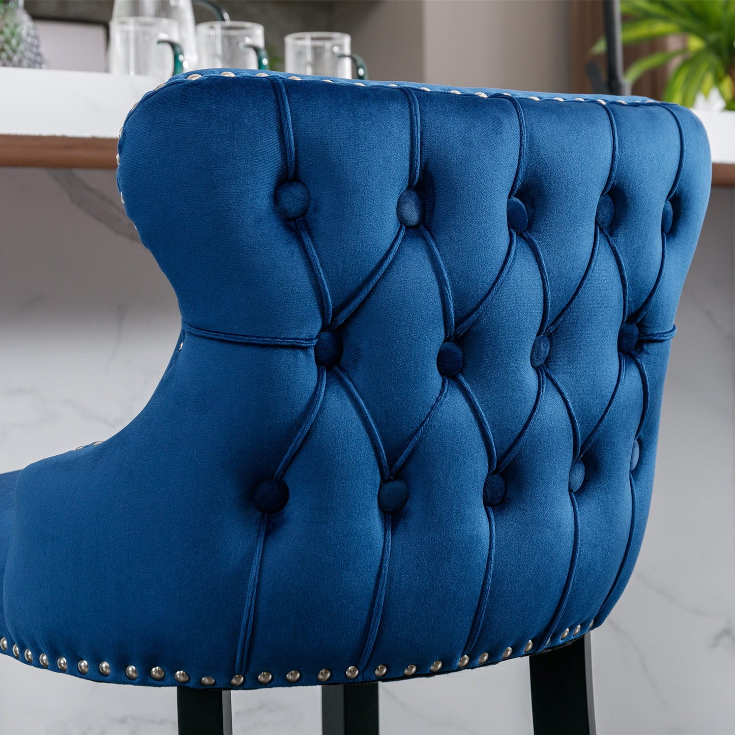 Contemporary Velvet Upholstered Wing-Back Barstools With Button Tufted Decoration And Wooden Legs, And Chrome Nailhead Trim, Leisure Style Bar Chairs, Bar Stools (Set of 4) - Blue