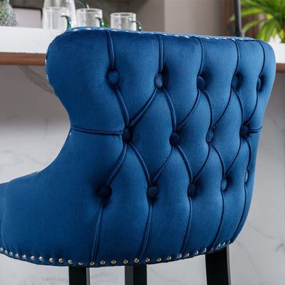 Contemporary Velvet Upholstered Wing-Back Barstools With Button Tufted Decoration And Wooden Legs, And Chrome Nailhead Trim, Leisure Style Bar Chairs, Bar Stools (Set of 4) - Blue