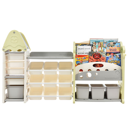 Kids Bookshelf Toy Storage Organizer With 17 Bins And 5 Bookshelves, Multi-Functional Nursery Organizer Kids Furniture Set Toy Storage Cabinet Unit With HDPE SheLF And Bins - Light Green