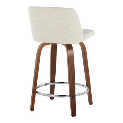 Toriano - Mid-Century Modern Fixed Height Counter Stool Swivel With Round Footrest (Set of 2) - Walnut / Cream