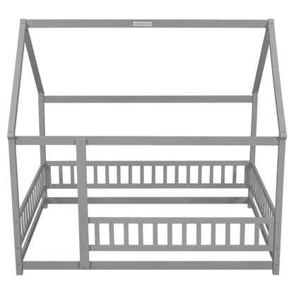 Full Size Floor Wooden Bed With House Roof Frame, Fence Guardrails - Gray