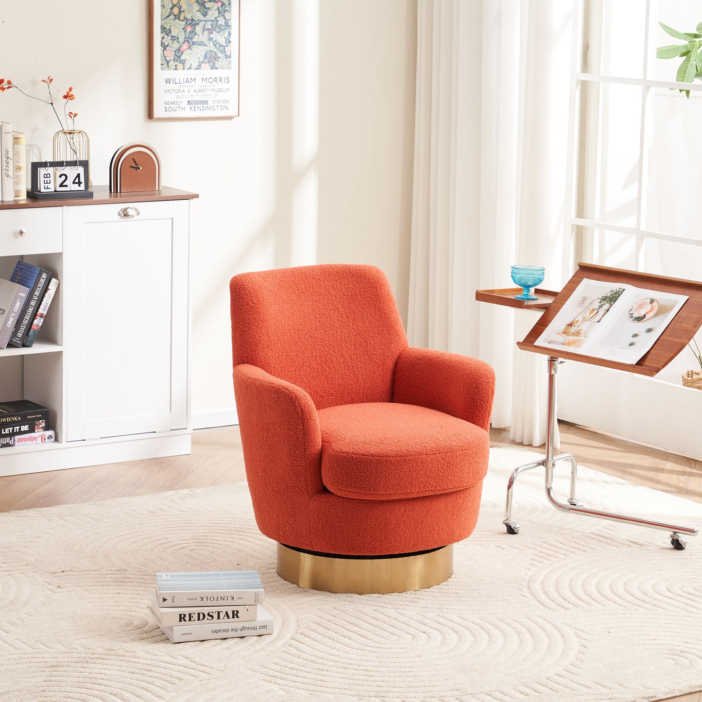 Teddy Swivel Barrel Chair, Swivel Accent Chairs Armchair For Living Room, Reading Chairs For Bedroom Comfy, Round Barrel Chairs With Gold Stainless Steel Base - Orange
