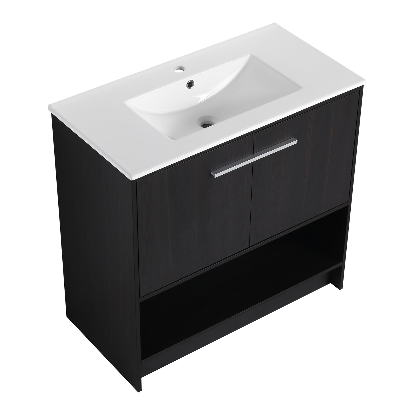 Modern 36" Bathroom Vanity With Ceramic Sink And Soft Closing Doors - Dark Oak