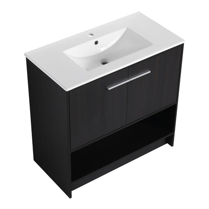 Modern 36" Bathroom Vanity With Ceramic Sink And Soft Closing Doors - Dark Oak