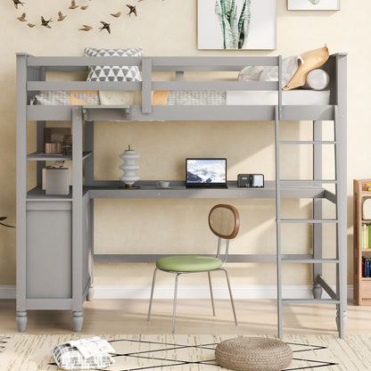 Twin Size Loft Bed With Drawers And Desk, With Shelves - Gray