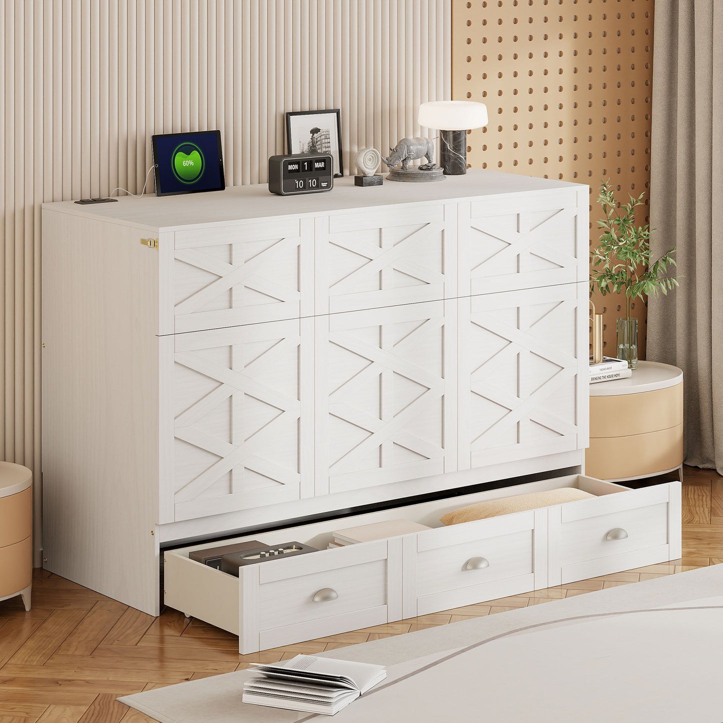 Full Size Murphy Bed With Large Drawers - Brushed White