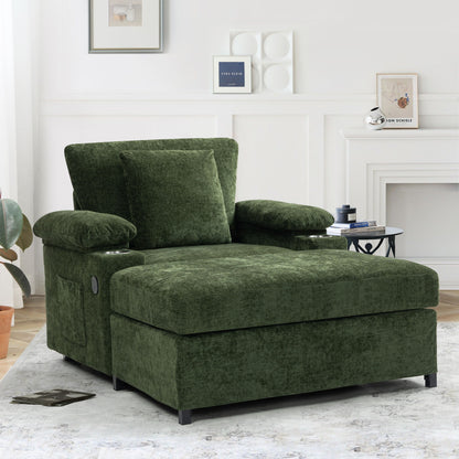 Modern Oversized Chair With Ottoman, Chenille Fabric Sofa Bed, Accent Chair Comfy Sofa With Cupholders And USB Charging Ports Chair For Living Room, Bedroom, Apartment - Green