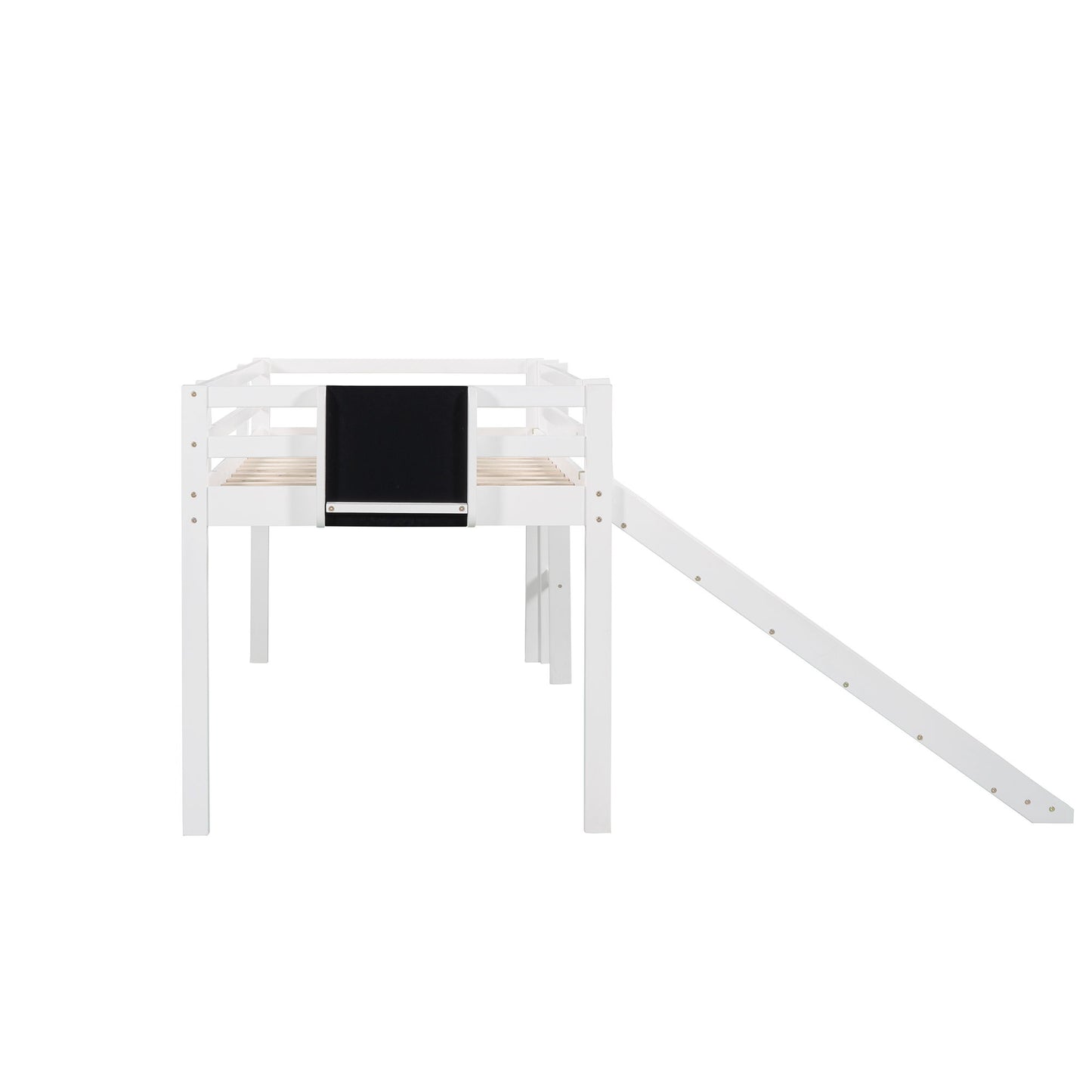 Twin Size Loft Bed With Slide, Stair And Chalkboard - White