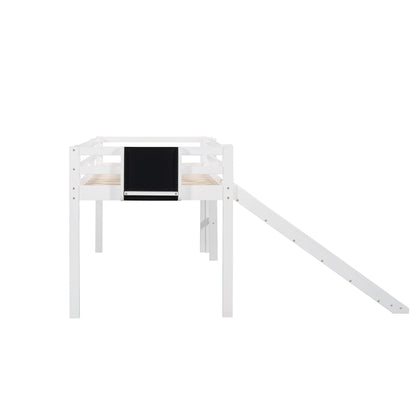 Twin Size Loft Bed With Slide, Stair And Chalkboard - White