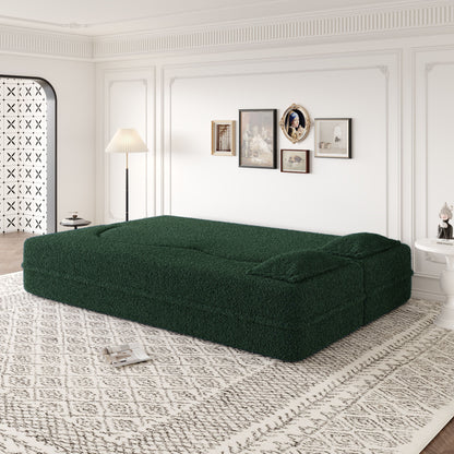 Modern Floor Sofa With 2 Pillows, Convertible Teddy Fabric Foam Filled Sleeper Sofa Bed, Full Size Folding Mattress For Living Room Guest Bed, Playroom, No Assembly Required - Green