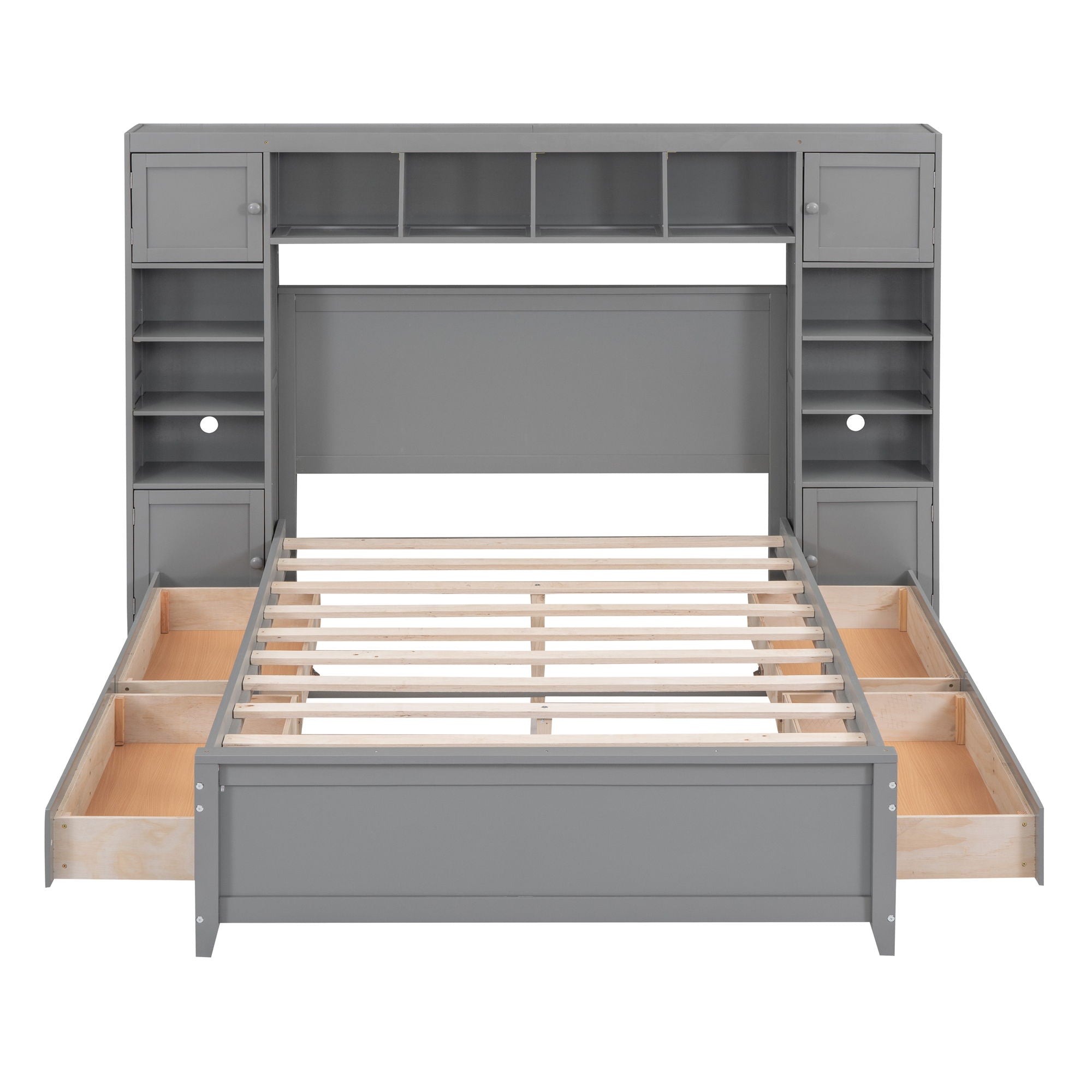 Full Size Bed With All In One Cabinet And Shelf - Gray