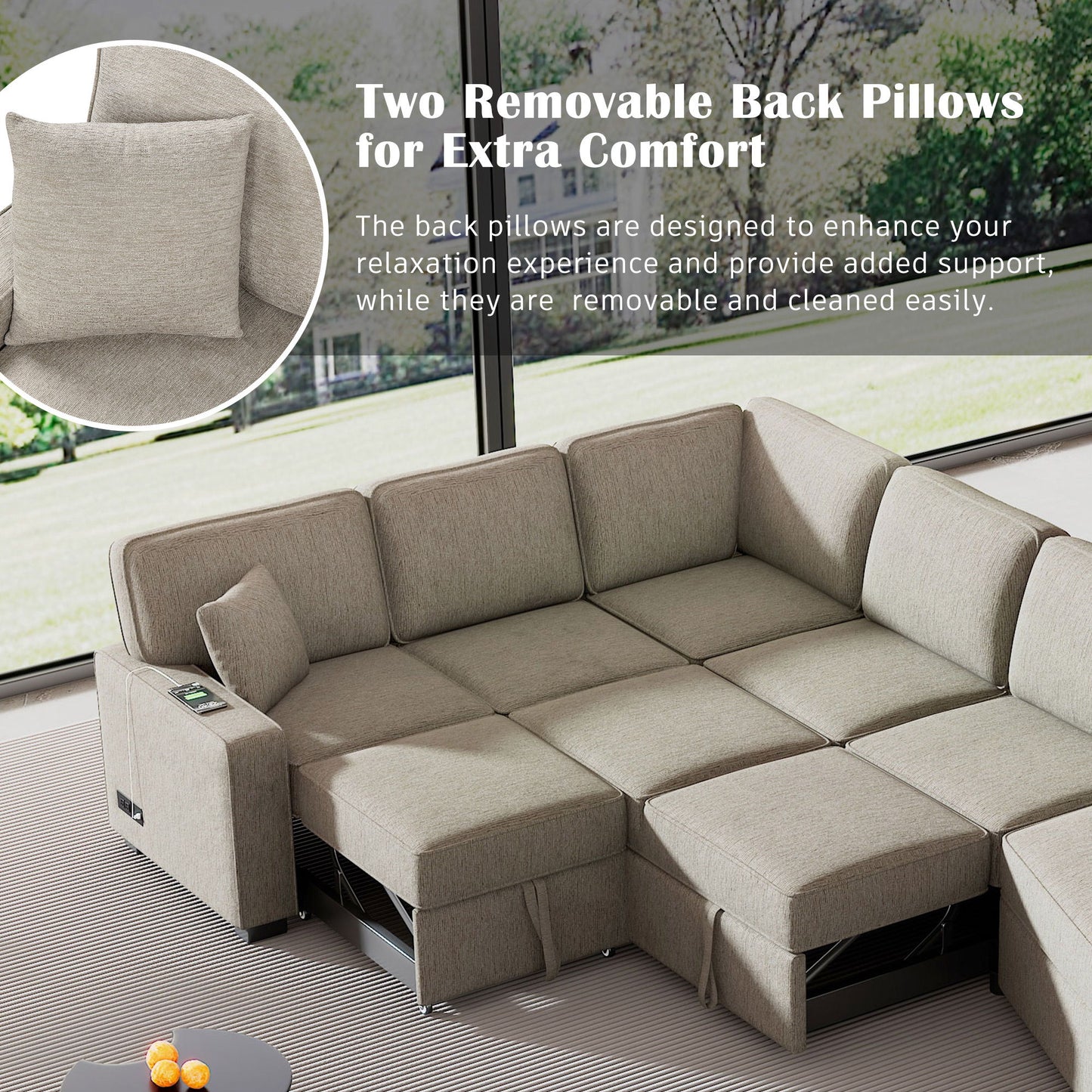 L-Shaped Sofa Sectional Sofa Couch Pull-Out Sofa Bed With Charging Devices And Cup Holders For Living Room - Beige