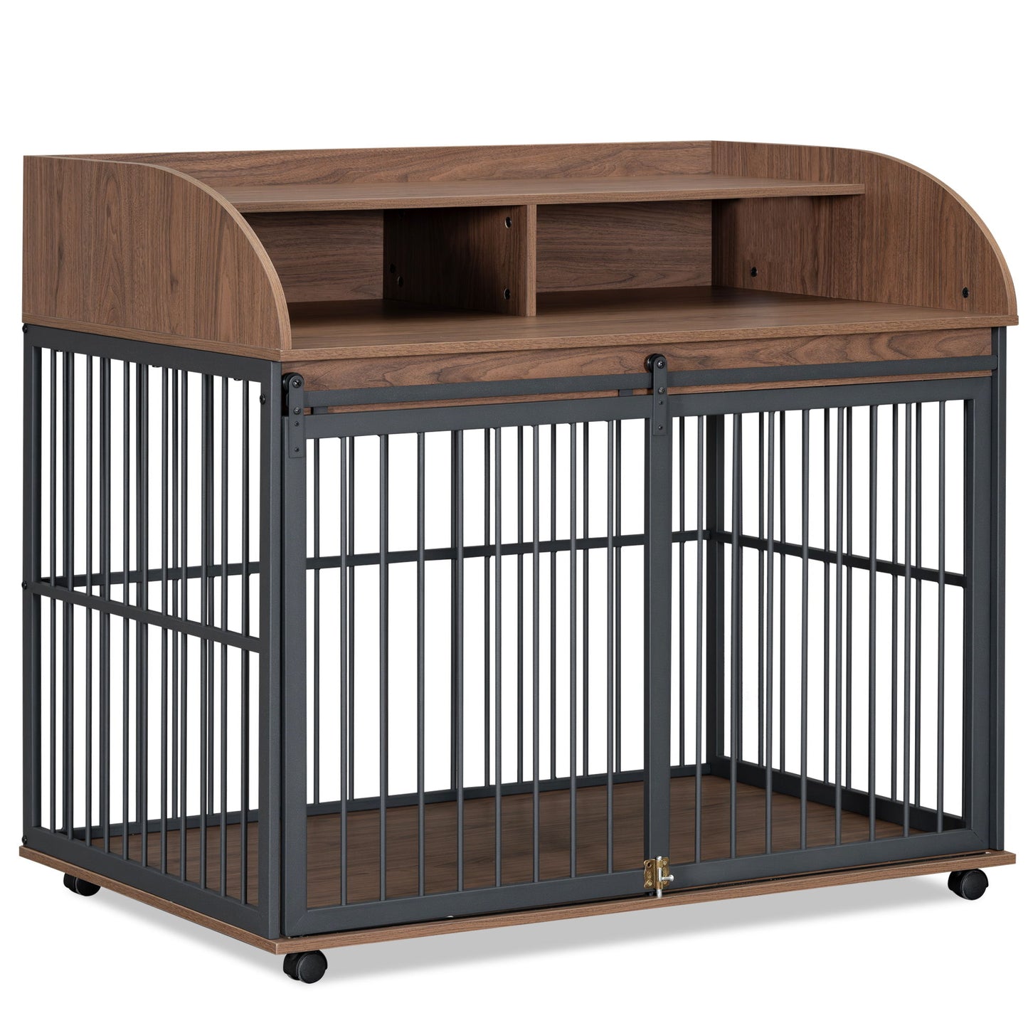 Heavy Duty Large Dog Crate Furniture For Large Medium Dog With Lockable Wheels, Wooden Dog Crate Dog Kennel, End Table Crate With Double Layer Storage - Brown