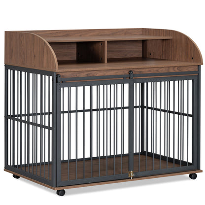 Heavy Duty Large Dog Crate Furniture For Large Medium Dog With Lockable Wheels, Wooden Dog Crate Dog Kennel, End Table Crate With Double Layer Storage - Brown