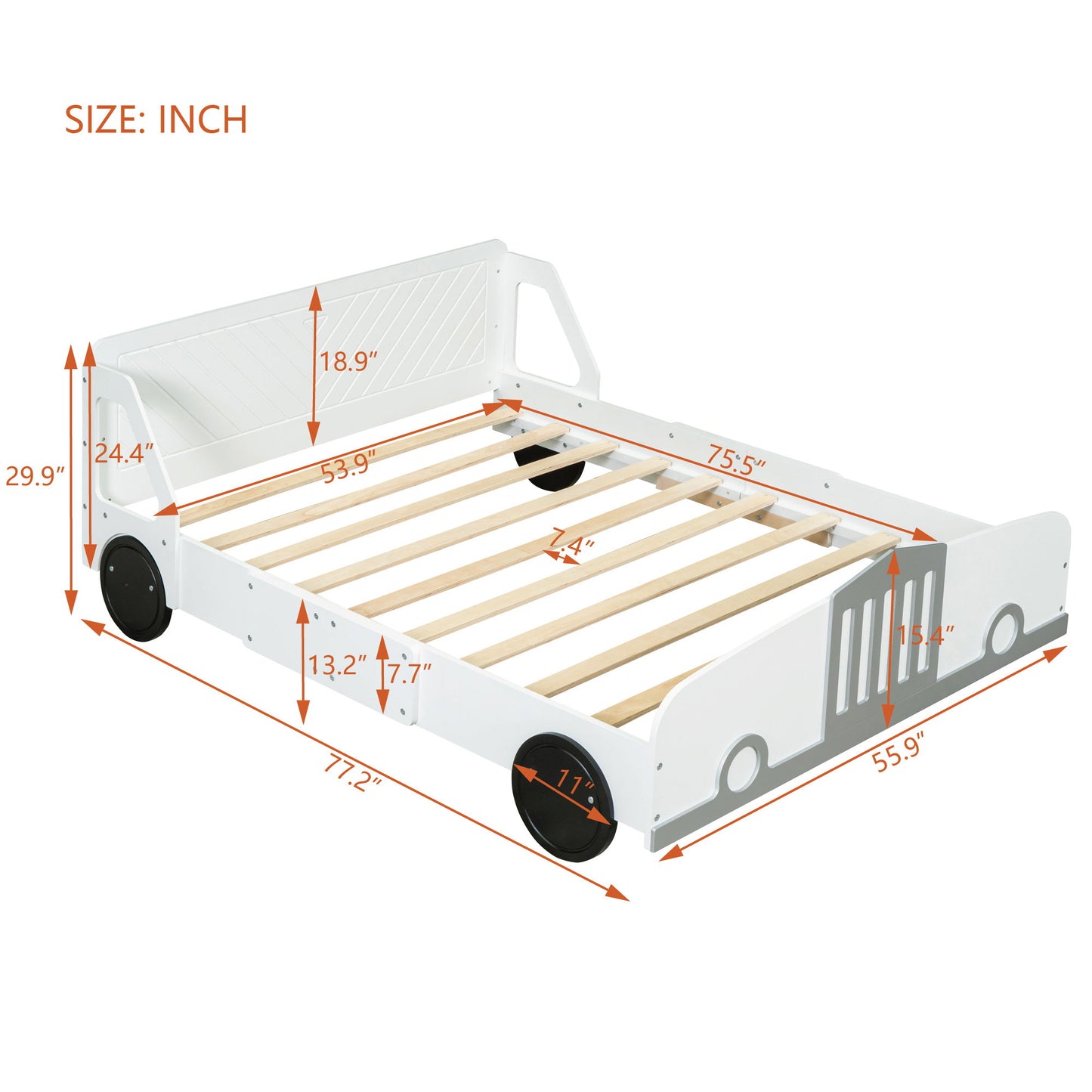 Full Size Car Shaped Platform Bed With Wheels - White