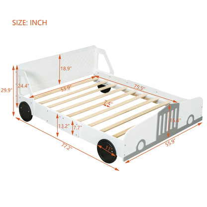 Full Size Car Shaped Platform Bed With Wheels - White