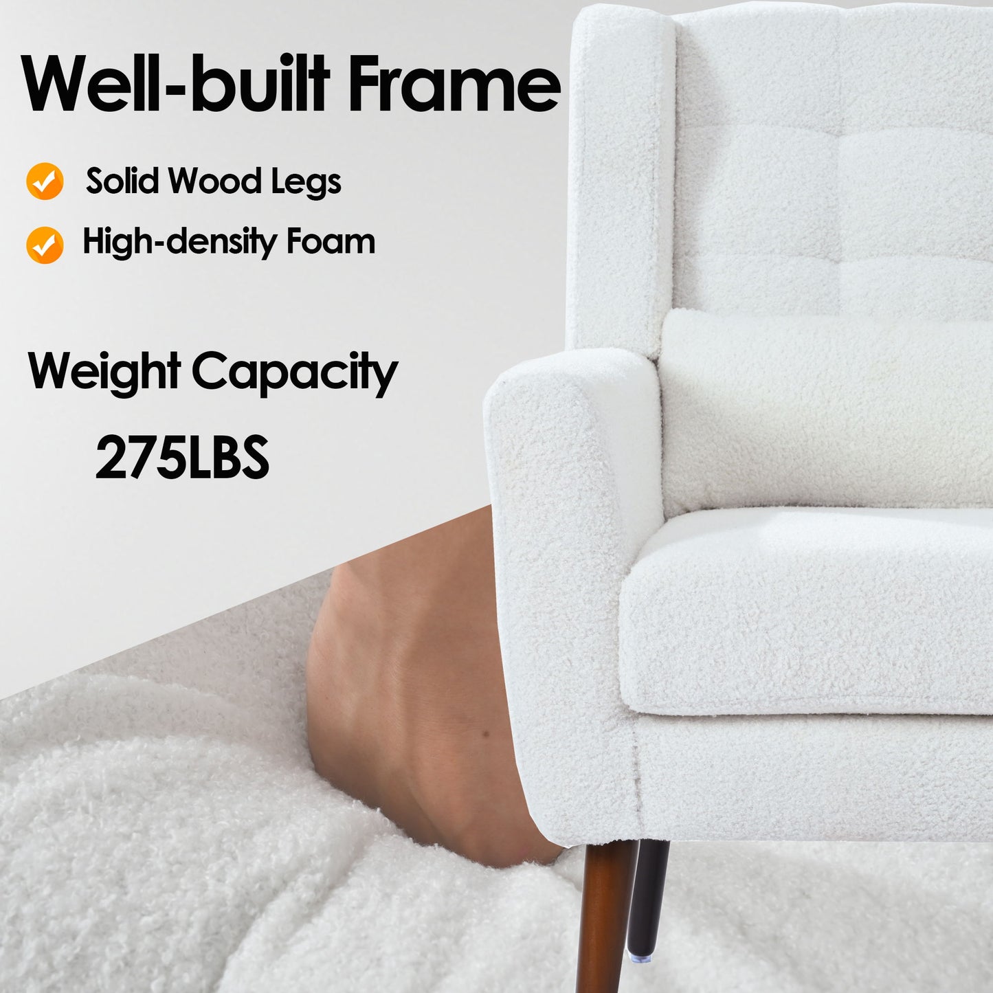 Modern Accent Chair, Teddy Fabric Living Room Chairs Comfy Reading Chair, Mid Century Accent Chair, Lounge Arm Chairs Armchair For Living Room Bedroom - White