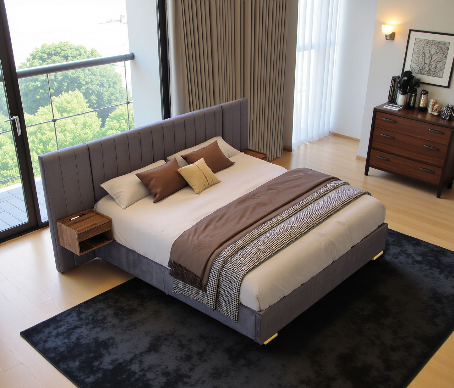 Upholstered Queen Size Bed Frame Of Velvet Tufted Headboard With Floating Nightstand LED / USB Built - Gray