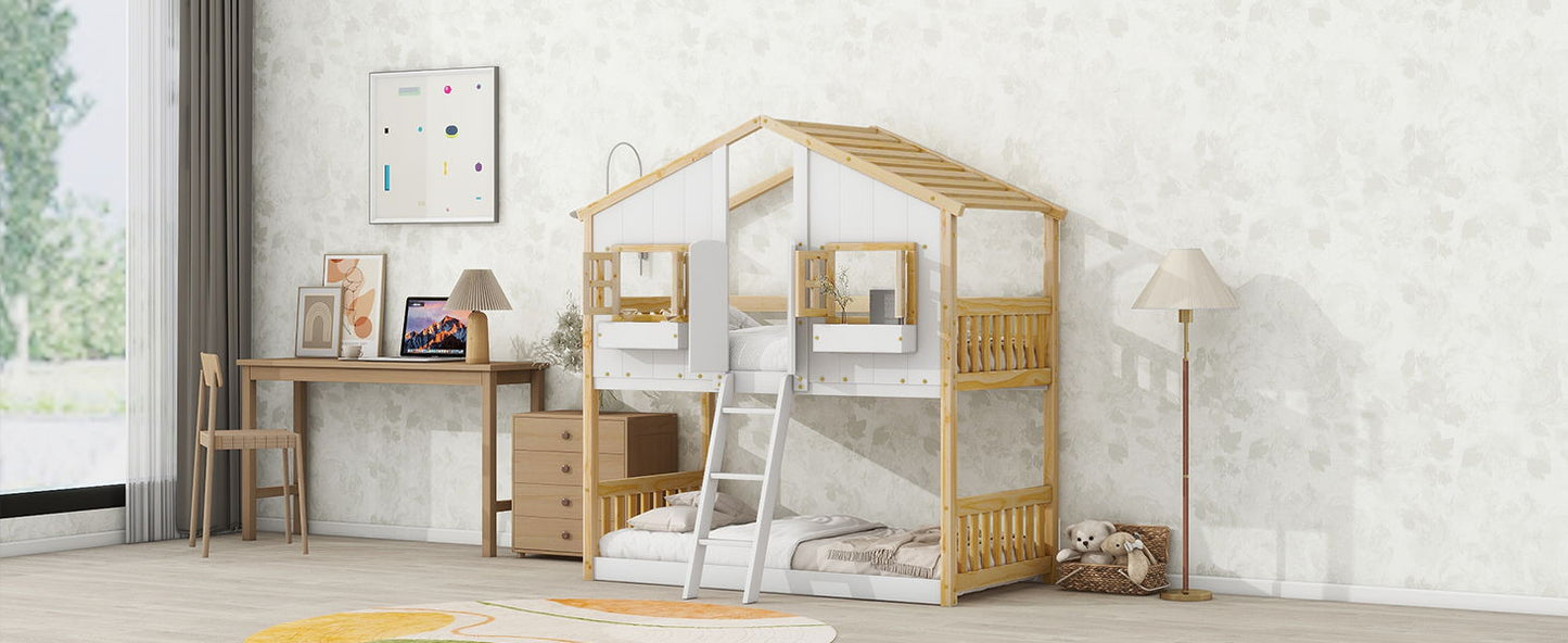 Twin Over Twin House Bunk Bed With Roof, Window, Window Box, Door, With Safety Guardrails And Ladder - Natural / White