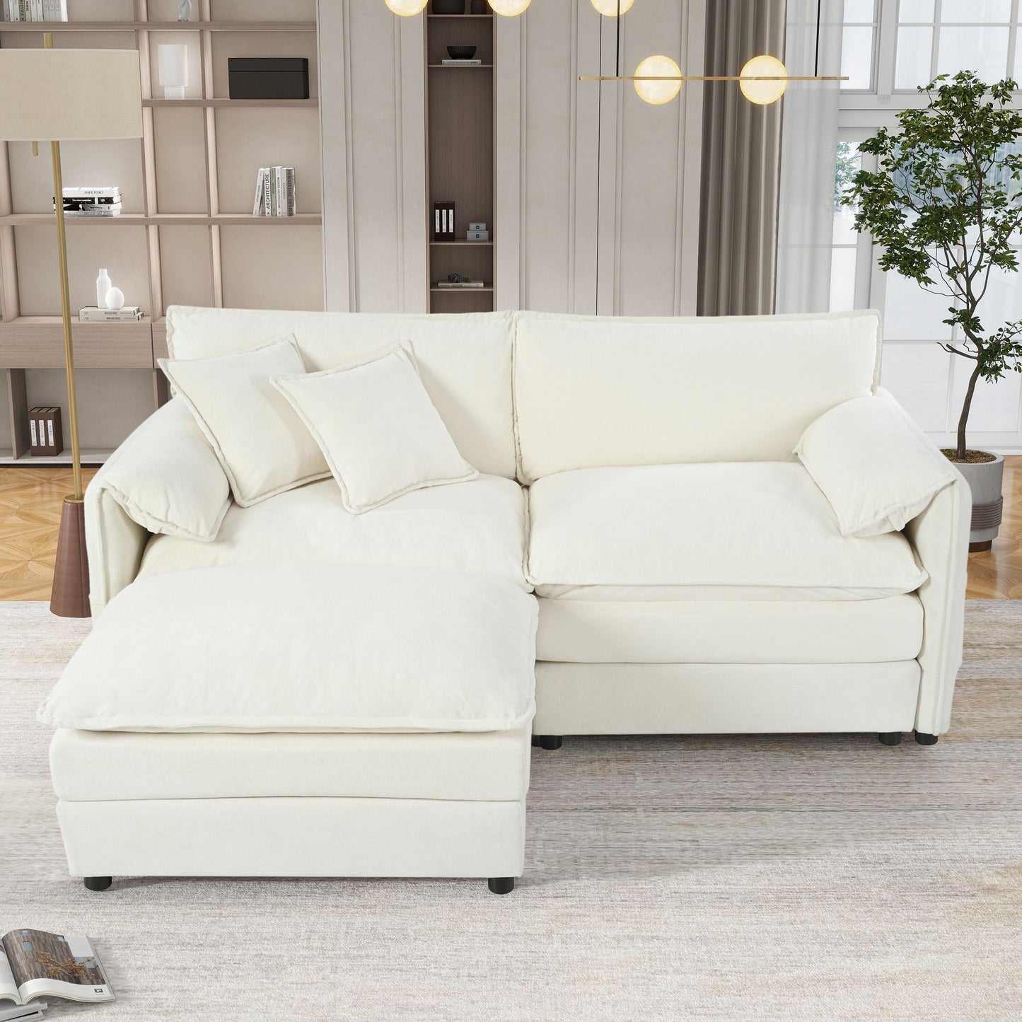 Modern Chenille Deep Seat Sectional Sofa Cloud Couch With Ottoman, Upholstered Modular L Shaped Couch For Living Room Apartment, Office - Beige