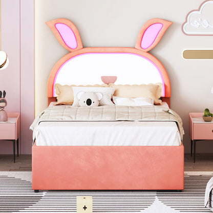 Full Size Upholstered Platform Bed With Trundle And 3 Drawers, Rabbit-Shaped Headboard With Embedded LED Lights - Pink
