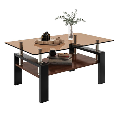 Modern Rectangular Coffee Table With Tempered Brown Glass Top And Layer Table For Living Room - Brown / Black
