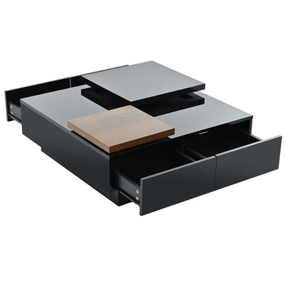 Movable Top Coffee Table, Modern Square Wood Coffee Table With High Gloss Finish, 4 Hidden Storage Drawers For Living Room - Black