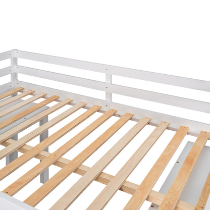Full Loft Low Study Bed With Cabinet, Shelves And Rolling Portable Desk, Multiple Functions - White
