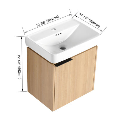 20" Wall Mounted Bathroom Vanity With Ceramic Sink And Storage Cabinet - Oak