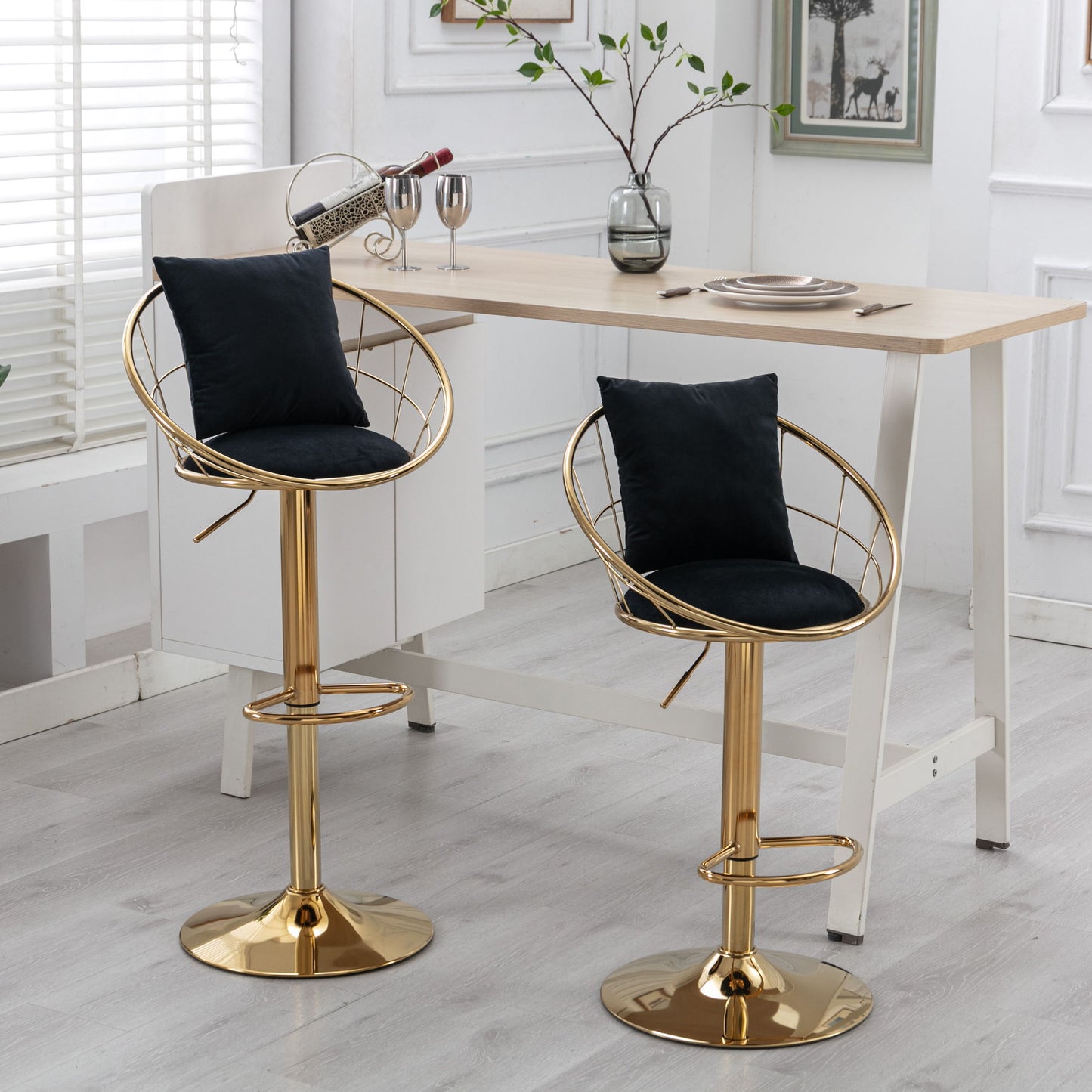Velvet Bar Chair, Pure Gold Plated, Unique Design, 360 Degree Rotation, Adjustable Height, Suitable For Dining Room And Bar, (Set of 2) - Black